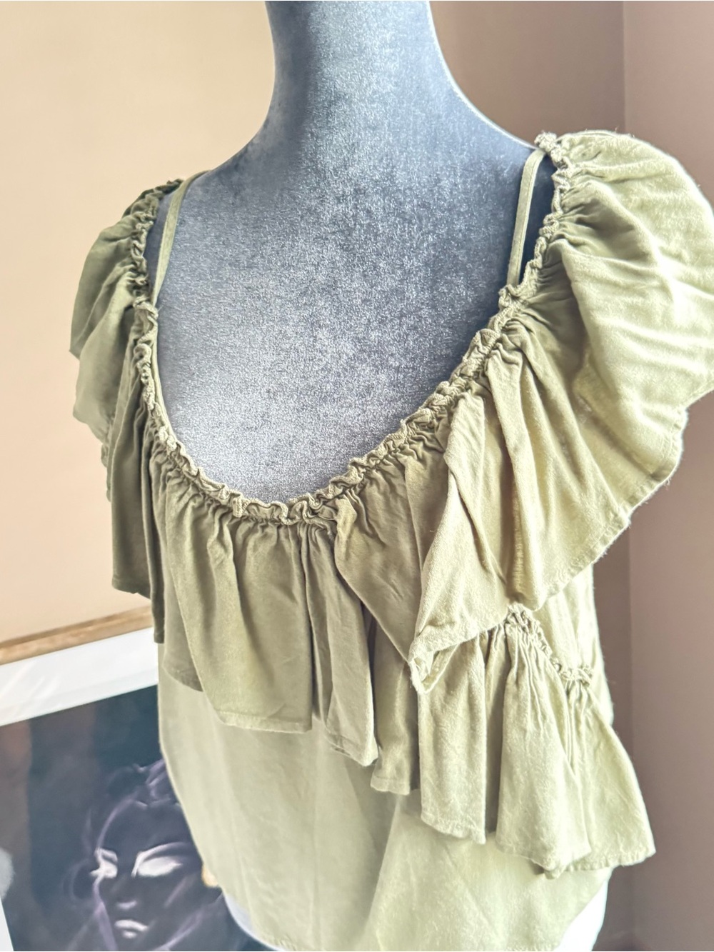 Ruffled Olive Women's Blouse with Scoop Neck